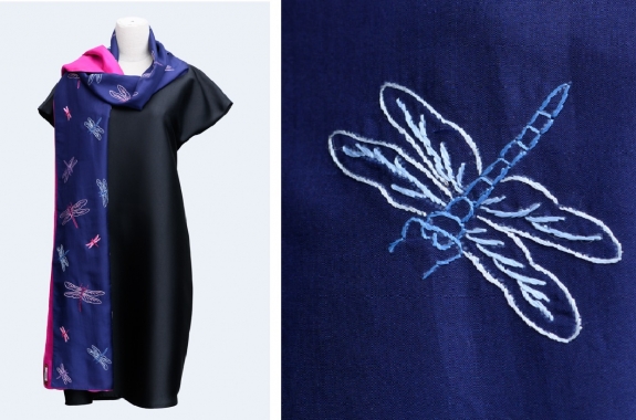 Silk scarf with hand embroidery of dragonfly